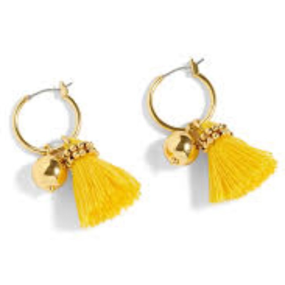 NEW J.Crew yellow tassel bell gold hoop earrings